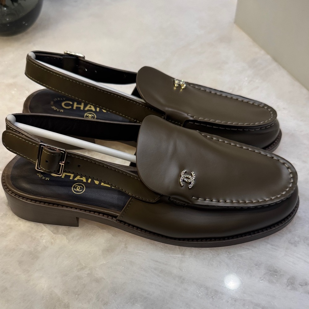 CHANEL Dark Brown Slingback Loafers